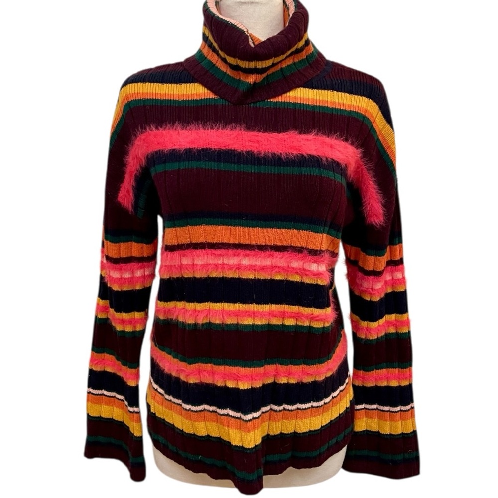 Talbots Striped Multicolor Turtleneck Sweater Fuzzy Texture Women's Size Medium